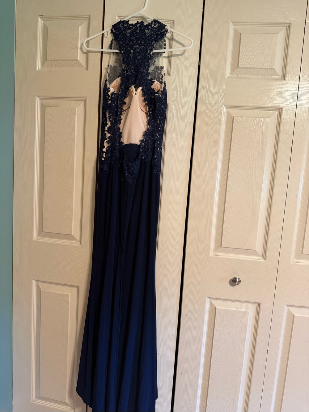 Navy Prom Gown with Blush Illusion Bodice
